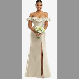 Alfred Sung Champagne Bridesmaids Dress with sweetheart ruffle neckline